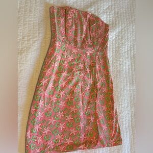 VINEYARD VINES Green Pink Strapless Preppy Dress Starfish Hibiscus Faux Wrap 6